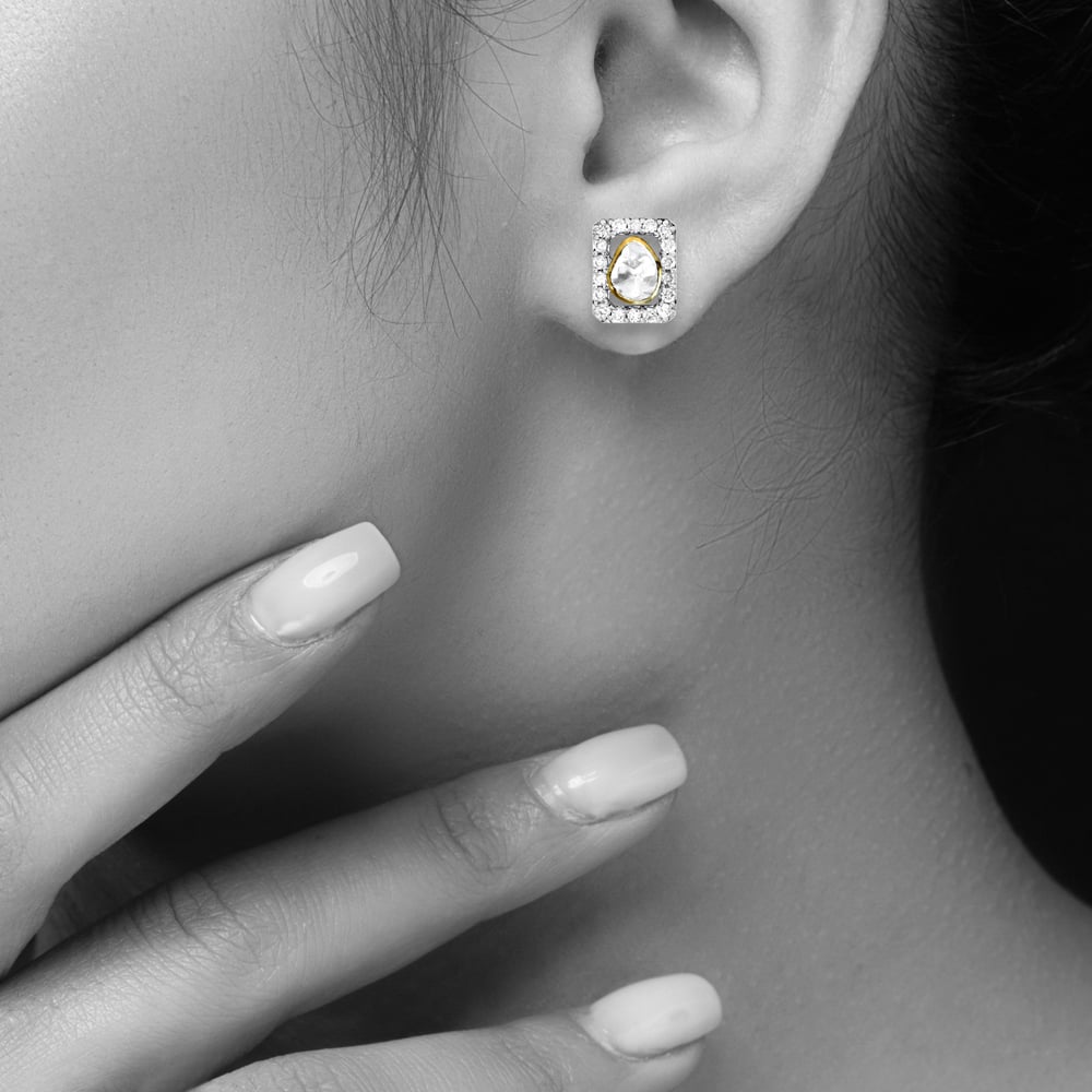 Rectangular Polki Studs with Diamond Halo